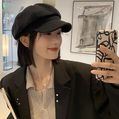 Women British Style Black Octagonal Beret Cap