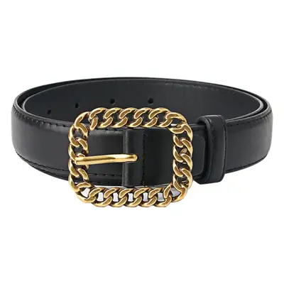 Women Black Leather Chain Belt with Gold Buckle
