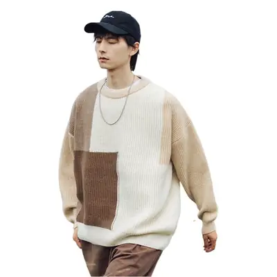 Thick Knit Textured Round Neck Sweater Jacket Beige Brown Patchwork 2024