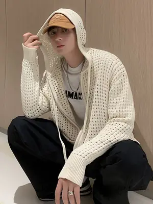 Men's Black Hollow Out Knit Hoodie Oversize