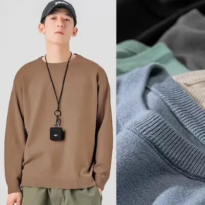 Men Knitted Crewneck Sweater Beige Loose Fit