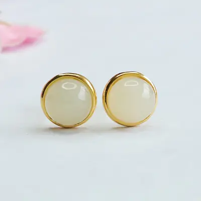 Guan Yu S925 Silver Inlaid Natural Hetian Jade Earrings White Jade Round Earrings Factory Wholesale Dropshipping S3082404