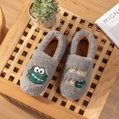 Men's Winter Plush Cotton Slippers Gray with Cartoon Embroidery