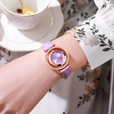 Elegant Women's Watch with Brown Leather Strap & Gold Dial