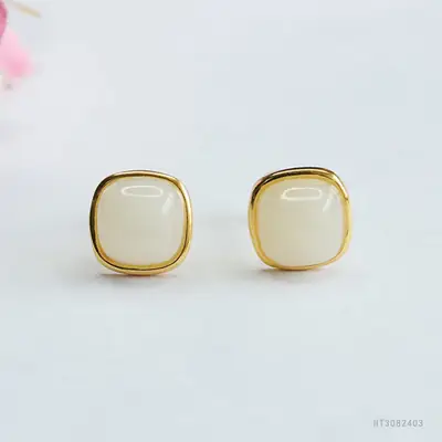 White Jade Sugar Cube Earrings with Gold Plating
