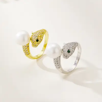 European American Leopard Head Zircon Pearl Ring Women