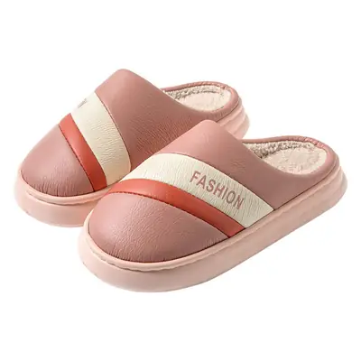 Slip-on leather cotton slippers for women autumn and winter indoor home lightweight warm fleece-lined plush shoes confinement shoes for men