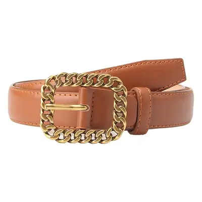 Women's Brown Leather Belt with Gold Chain Buckle