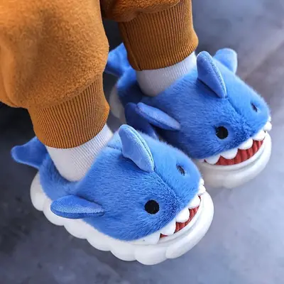 Children's cotton slippers winter boys and girls cartoon cute shark personality home warm padded plush slippers wholesale