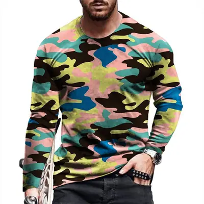 Men Camouflage 3D Long Sleeve T-Shirt Red Black