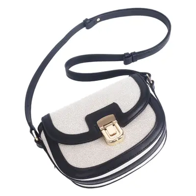 Women's Black White Woven Shoulder Bag with Gold Clasp