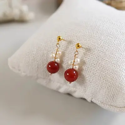 Vintage Red Onyx Pearl Earrings 925 Silver