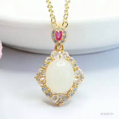 Guan Yu S925 Silver Inlaid White Jade Pendant Necklace