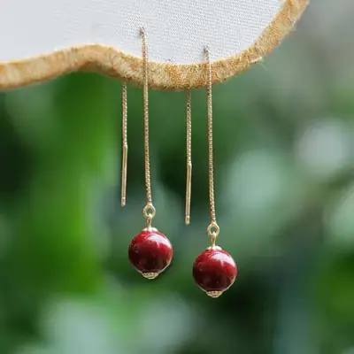 Red Cinnabar Earrings Women Gold Plated Red Beads