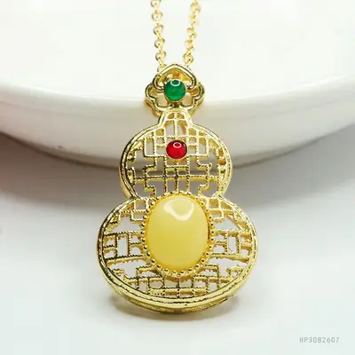 Guan Yu Pendant Necklace Yellow Amber Honey Amber for Women