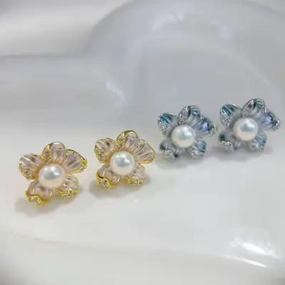 Natural Pearl Earrings S925 Silver Needle French Oil Dripping Begonia Flower
