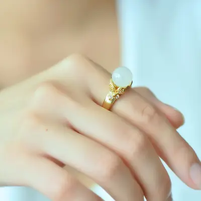 Antique Design Xinjiang Hetian Jade Small Bulb Ring 18K Set with White Jade Antique Hanfu All-match Women's Jade Ring