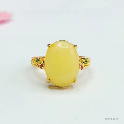 Yellow Amber Ring with Red Gemstone for Women