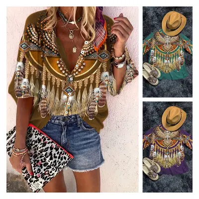 Cross-Border Hot-Selling Western Ethnic Style Top with Geometric Print, Three-Quarter Sleeves, Breathable Thin Vintage Inner Wear for Women