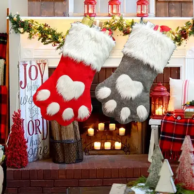 2023 Grey Faux Fur Christmas Socks with Heart Design
