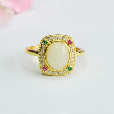 Guan Yu Natural Hetian Jade Ring Square Adjustable Gold