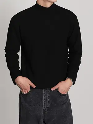 Men's White Knit Half-High Collar Sweater