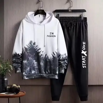 Men's Black Hooded Sweatshirt Set with Drawstring Waist