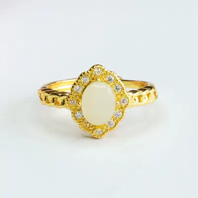 Guan Yu Jade Ring with Crystal Border Adjustable Gold