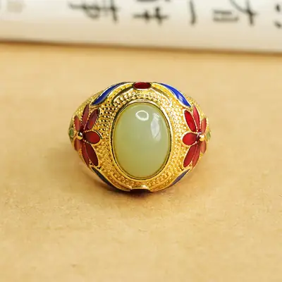 Aiyu Jade Ring Clear Water Gold Embroidered Floral Design