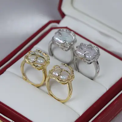 Adjustable Pearl Rings for Women Gold Plated
