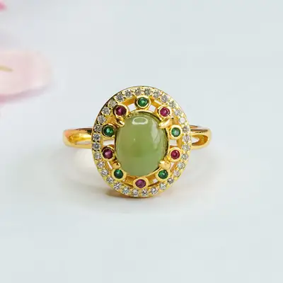 Guan Yu Jade Ring with Emerald Center & Crystal Border