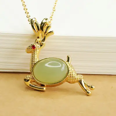 Aiyu Little Deer Jade Necklace with Clear Water Pendant