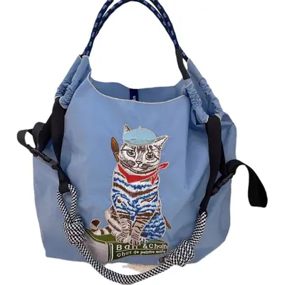 Japanese Painter Cat Blue Shopping Bag Large Capacity
