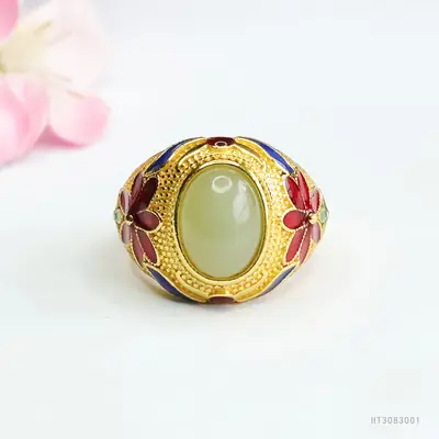 Vintage Hetian Jade Clear Water Ring with Red & Blue Stones
