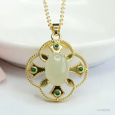 Guan Yu Jade Pendant with Green Stones Gold Plated
