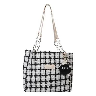 Women Woolen Shoulder Bag Black White Plaid Large Capacity