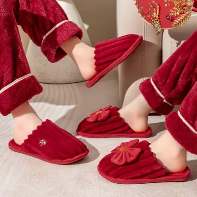 Lidani Wedding Slippers Women's Autumn and Winter Couple Festive Red Pair Home Warm Non-slip Wedding Cotton Slippers