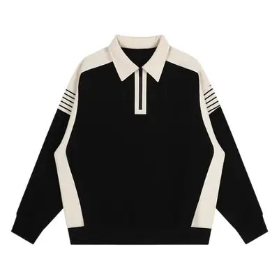 Men Black White Striped Half Zip Knit Sweater Pants Set