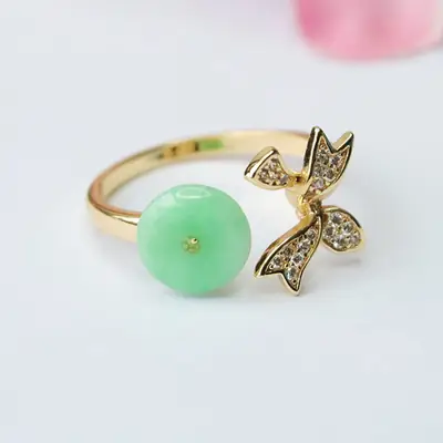 Green Jade Butterfly Ring with Gold Plated Design