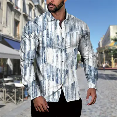 Men's Printed Striped Long Sleeve Shirt White Black Large