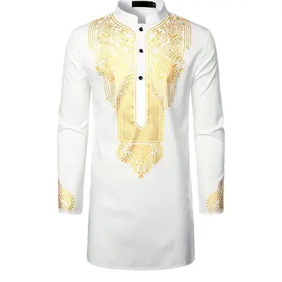 Men's White Gold Embroidered Long Pullover Shirt