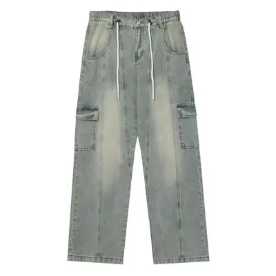 Men Drawstring Jeans Light Grey Cotton Loose Fit
