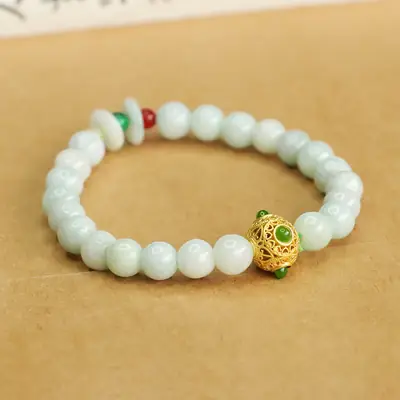 Jadeite Peace Buckle Bracelet with Green & Red Stones