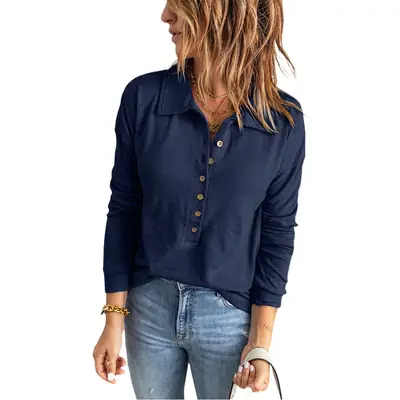 Cross-Border Autumn and Winter New Solid Color Women's Knitwear Single-Breasted Lapel Long-Sleeved Loose Casual Base Shirt