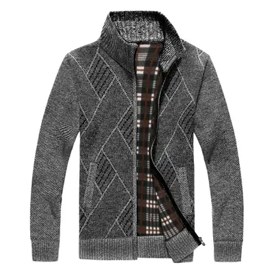 Men's New Zipper Cardigan Sweater Brown Plaid Coar