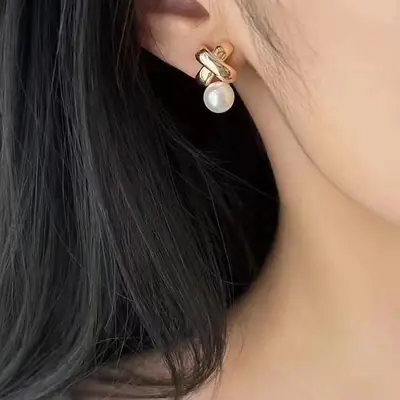 Dan Tao Cross Pearl Earrings Gold Plated 925 Silver