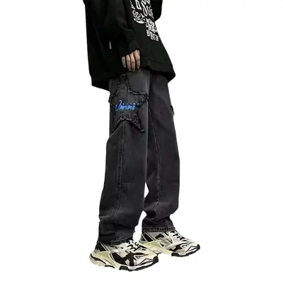 Men Black Cotton Jogger Pants Straight Star Casual Pants