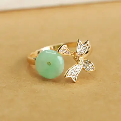 Green Jade Butterfly Ring with Crystal Accents
