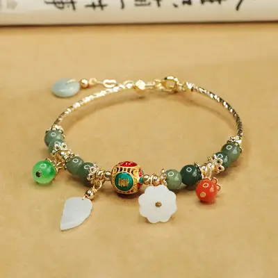 Aiyu Jade Green Bracelet with Leaf & Flower Charm