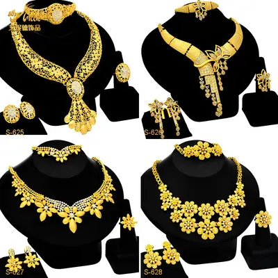 Nigeria Middle East bridal gold-plated jewelry suit flower exaggerated long necklace ring bracelet earrings four-piece set